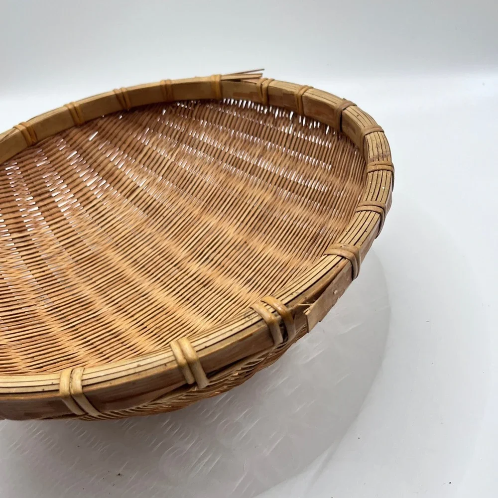 Vintage Woven Winnowing Basket Round Shallow Boho Wall Decor 12.5in